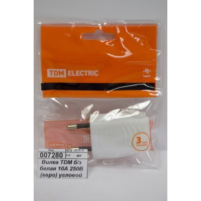 Вилка TDM без заземления белая 10А 250В (евро) угловой вывод, 0090 *30/600