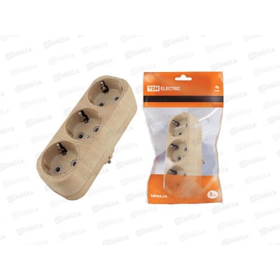 Блок на 3гнезда (тройник) 2П+З с заземлением плоский 16А 250В &quotЭко&quot сосна, 0076 TDM