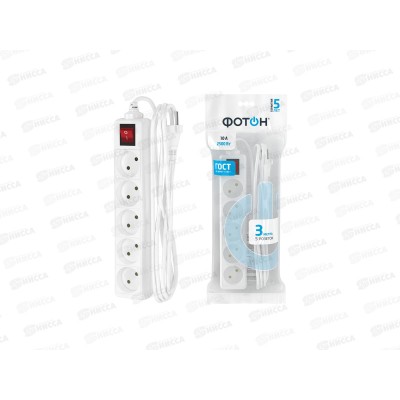 Удлинитель ФОТОН 10-35S (1*5) 3м 10А с выключателем, белый *5/20 Удлинитель ФОТОН 10-35S (1*5) 3м 10А с выключателем, белый *5/20