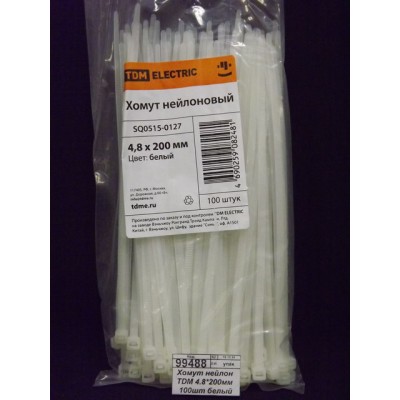 Хомут нейлон TDM 4.8*200мм 100шт белый *10/70 Хомут нейлон TDM 4.8*200мм 100шт белый *10/70