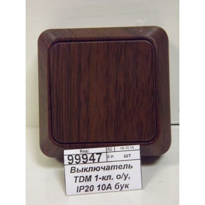 Выключатель TDM 1-клавишный открытой установки, IP20 10А бук "Ладога", 0027 Выключатель TDM 1-клавишный открытой установки, IP20 10А бук "Ладога", 0027