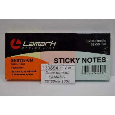 Блок липкий LAMARK 38*50мм 100л 3цв., SN1118-СМ *12/144 Блок липкий LAMARK 38*50мм 100л 3цв., SN1118-СМ *12/144