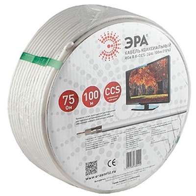 Кабель телевизионный коаксиальный RG-6U, 75 Ом, CCS/(оплётка Al 32%), PVC, цвет белый, бухта 100 м, ЭРА SIMPLE *6 Кабель телевизионный коаксиальный RG-6U, 75 Ом, CCS/(оплётка Al 32%), PVC, цвет белый, бухта 100 м, ЭРА SIMPLE *6
