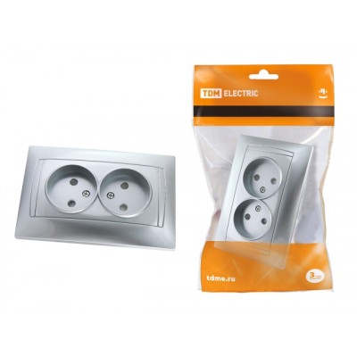 Розетка TDM двойная cкрытой установки, 10А с защитными шторками, серый металлик, &quotЛама&quot, 0212 *7