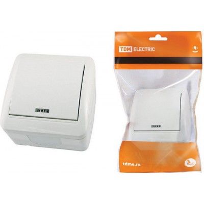 Выключатель TDM 1-клавиша  открытой установки, с подсветкой IP44 10А белый, &quotСелигер&quot, 0003