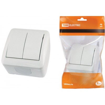 Выключатель TDM 2-клавишный открытой установки, IP44 10А белый, &quotСелигер&quot, 0002 *10