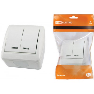 Выключатель TDM 2-клавишный открытой установки,подсветка, IP44 10А белый, &quotСелигер&quot, 0004