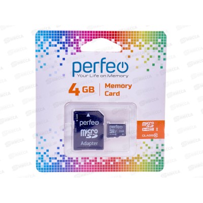 Карта памяти PERFEO microSD   4Gb (class10) с адаптером