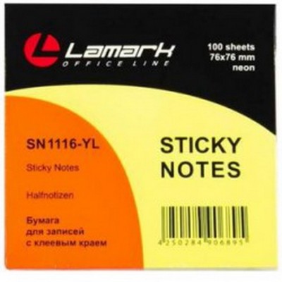 Блок липкий LAMARK 76*76мм 100л неон желтый, 1116-YL *12/216 Блок липкий LAMARK 76*76мм 100л неон желтый, 1116-YL *12/216