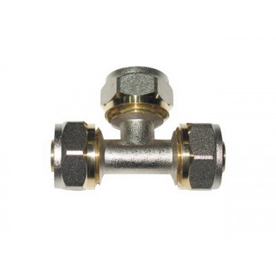 Тройник для метеллопластиковой трубы 16мм цанга/цанга/цанга Aqualink, 00160 *10/80