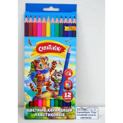 Карандаши 12цветов Creativiki пластиковые шестигранные.  ЦКП12КР/Р *12/252