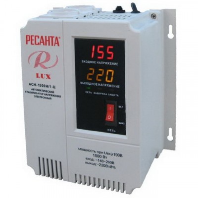 Стабилизатор напряжения настенный РЕСАНТА Lux 1-фазный, 1500Вт, отклик 7мс, стабилизация 35В/с - 8%, АСН-1500/1-Ц