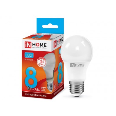 Лампа светодиодная IN HOME LED-A60-VC  8Вт E27 4000К 720Лм *100