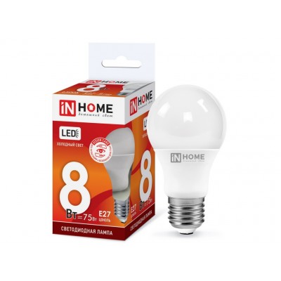 Лампа светодиодная IN HOME LED-A60-VC  8Вт E27 6500К 720Лм *10/100