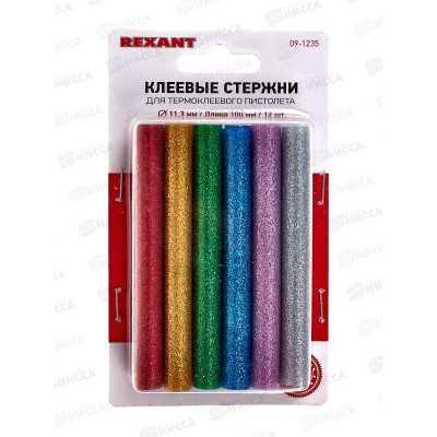 Стержни клеевые 12шт 11*100мм, цветные с блестками, Rexant, 09-1235 *100 Стержни клеевые 12шт 11*100мм, цветные с блестками, Rexant, 09-1235 *100