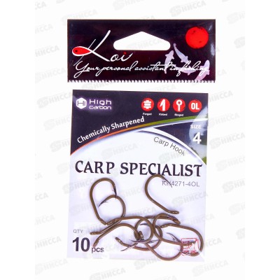 Крючок KOI &quotCARP SPECIALIST&quot р.4 (INT), цвет OL, карповый (10шт) КН4271-4OL