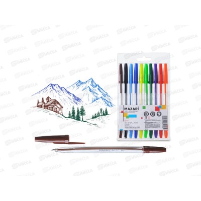 Ручки шариковые MAZARI City 10 цветов, 0.8мм, прозрачный корпус, M-7361-10 *60/120