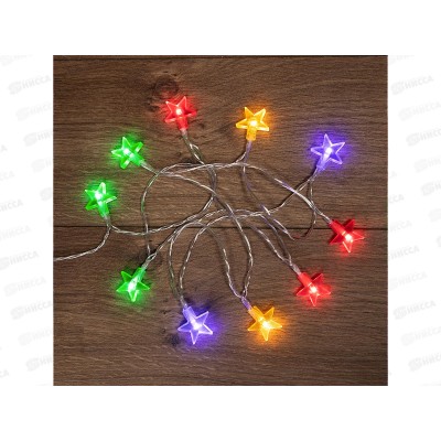Гирлянда светодиодная «Звездочки» 1.5 м, 10 LED, прозрачный ПВХ, постоянное свечение мультиколор, питание - батарейки 2*AA, 303-090 *48