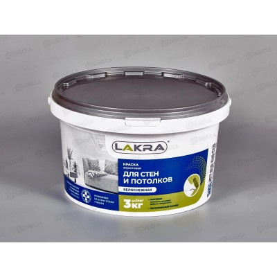 Краска акриловая для стен и потолков Лакра белоснежная 3кг, 8306467 *144 Краска акриловая для стен и потолков Лакра белоснежная 3кг, 8306467 *144