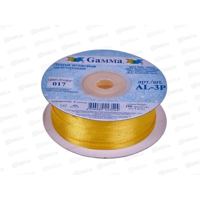 Лента атласная &quotGamma&quot  3мм (1/8&quot) №017 т.желтый, двухстор. 91,4м