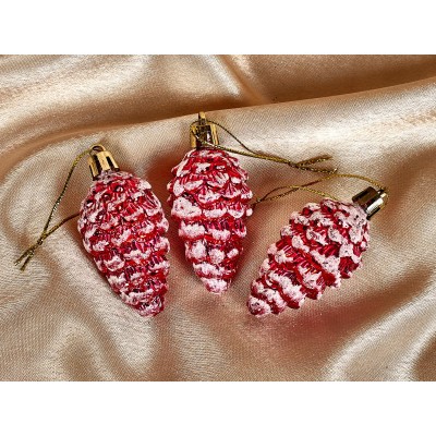 Набор елочных украшений 3шт Шишечки в инее 5,5см красный 916-0252 Набор елочных украшений 3шт Шишечки в инее 5,5см красный 916-0252