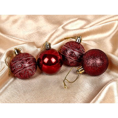 Набор елочных шаров 4шт "Микс фактур" 5см темный рубин 201-0829 Набор елочных шаров 4шт "Микс фактур" 5см темный рубин 201-0829