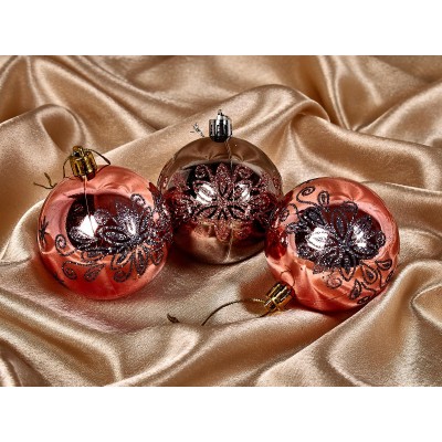 Набор елочных шаров 3шт "Павлиний хвост" 7см розовое золото/графит 201-1247 Набор елочных шаров 3шт "Павлиний хвост" 7см розовое золото/графит 201-1247