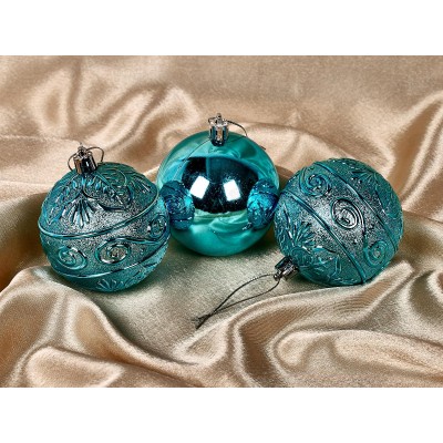 Набор елочных шаров 3шт "Микс фактур" 8см голубой 201-1287 Набор елочных шаров 3шт "Микс фактур" 8см голубой 201-1287