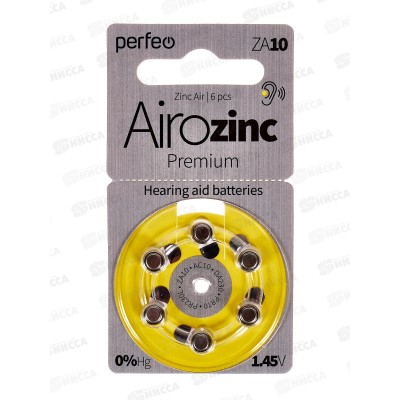 Батарейки Perfeo ZA10/6BL Airozinc Premium, для слуховых аппаратов *6/60/600