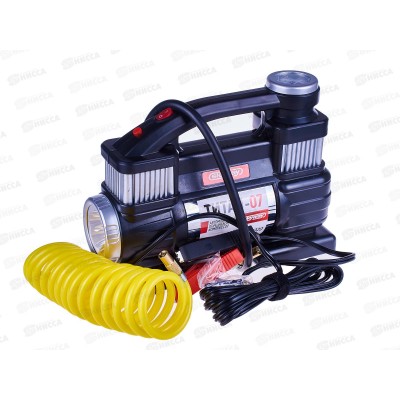 Компрессор авто металлический 65л/мин 2х поршневой с крокодилами SKYWAY ТИТАН-07 с фонарем, S02001020