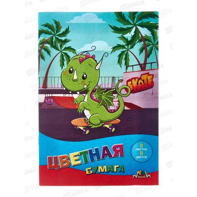 Цветная бумага 8л 8цв,Апплика Дино на скейте,С1551-14*60 Цветная бумага 8л 8цв,Апплика Дино на скейте,С1551-14*60