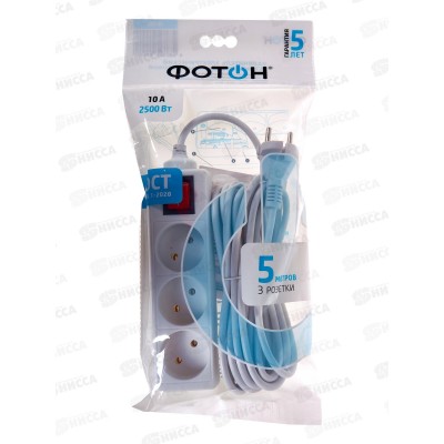 Удлинитель ФОТОН 10-53S 5м 3розетки 10А выключатель, белый *20 Удлинитель ФОТОН 10-53S 5м 3розетки 10А выключатель, белый *20