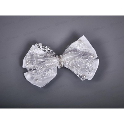 Бант с зажимом "Утка" шёлк,капрон,жемчуг,стразы бел. 14см.№8063 Бант с зажимом "Утка" шёлк,капрон,жемчуг,стразы бел. 14см.№8063