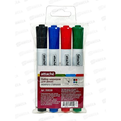 Маркер ATTACHE для досок 4 цвета, мокрого стирания,958598*24 Маркер ATTACHE для досок 4 цвета, мокрого стирания,958598*24