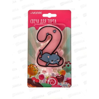Свеча-цифра для торта deVENTE "Котик 2" Розовая с рисунком 9060123 *12