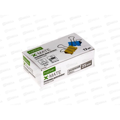 Зажим для бумаг 25мм 12шт Hatber X-Mate цветной, 083723*12/120 Зажим для бумаг 25мм 12шт Hatber X-Mate цветной, 083723*12/120