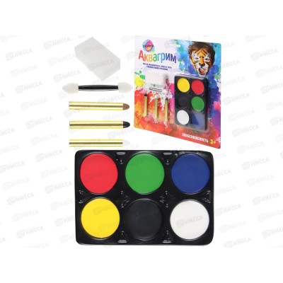 Набор аквагрима для детей (6цветов, карандаш 3штуки, спонж, аппликатор) КС-3598