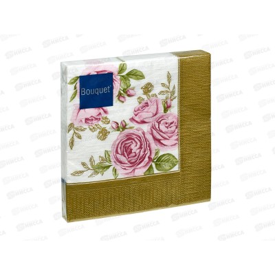 Салфетки 3 слойные 20 листов 33*33 Bouquet розы в золотой рамке, 25239*12