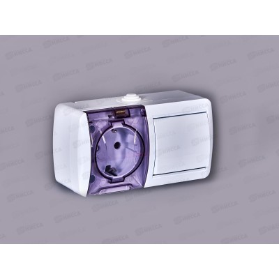 Блок горизонтальный  КЛИО выкл. 1-клавиша, открытая установка + розетка 1-мес.с крыш., с/з, К2237*10