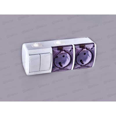 Блок горизонтальный  КЛИО выкл. 2-клавиши, открытая установка + розетка 2-мес.с крыш., с/з*10