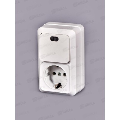 Блок вертикальный  ОЛИМП выкл. 1-кл, о/у, подсветка+ розетка 1-мес.., с/з, О0039*10