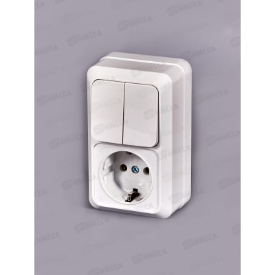 Блок вертикальный  ОЛИМП выкл. 2-кл, о/у, + розетка 1-мес.., с/з, О0040*10