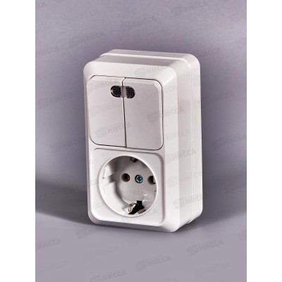 Блок вертикальный ОЛИМП выкл. 2-кл, о/у, подсветка+ розетка 1-мес., с/з, О0041*10 Блок вертикальный ОЛИМП выкл. 2-кл, о/у, подсветка+ розетка 1-мес., с/з, О0041*10