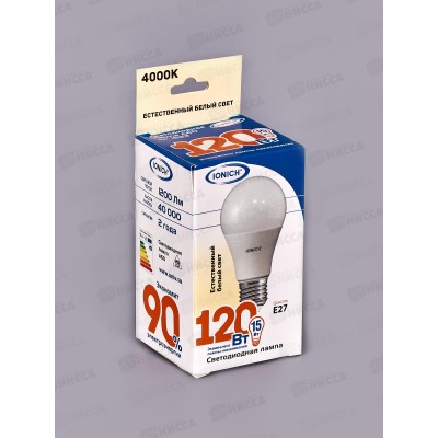 Лампа светодиодная IONICH E27 LED-SMD2835-А60-15ВТ-1200Лм-230В 4000К,1623*50