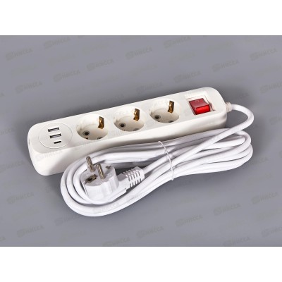 Сетевой фильтр LIRA LRFI135W, 3 розетки, с заземлением, с выключателем, 2 x USB, 1 x typeC,
