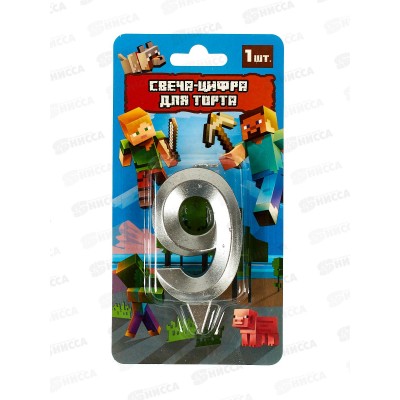 Свеча-цифра для торта "9" Майнкрафт, СС-90780-М блистер *12 Свеча-цифра для торта "9" Майнкрафт, СС-90780-М блистер *12