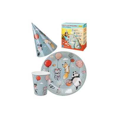 Набор для праздника Звери на шариках (тарелка 6, стаканы 6,колпаки 6) НП-2138