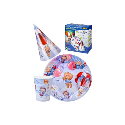 Набор для праздника Мишки в полёте (тарелка 6, стаканы 6,колпаки 6) НП-2139