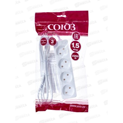 Удлинитель бытово СОЮЗ 2200ВТ 4гн. ПВС , без заземления 1,5 м, 481S-1401