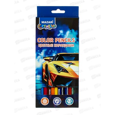 Карандаши 12цв MAZARI Car  пл., гриф.2.65мм, к/у, M-7086-12 *12/240